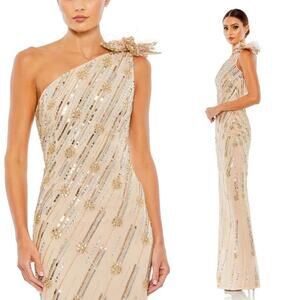Mac Duggal 93739 Embellished Floral Detail One Shoulder Gown Nude Gold 10 $498